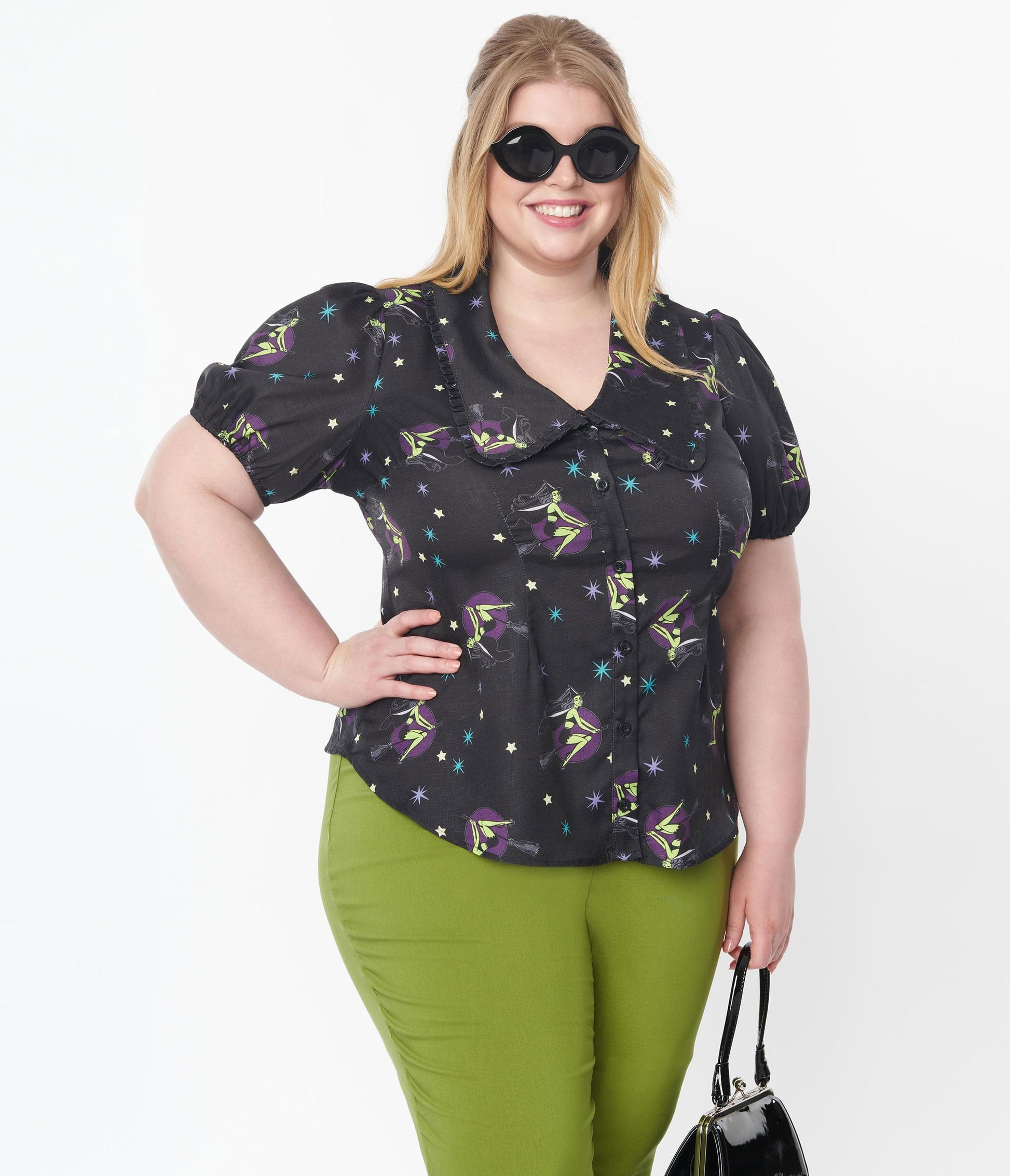 1930s Unique Vintage Plus Size Black & Pin-Up Witch Print Blouse
