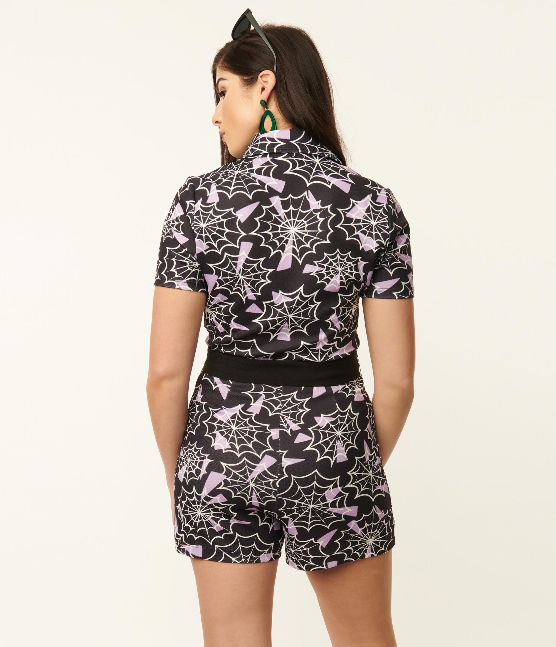 1960s Smak Parlour Black & Purple Spiderweb Print Belted Romper