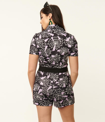 1960s Smak Parlour Black & Purple Spiderweb Print Belted Romper