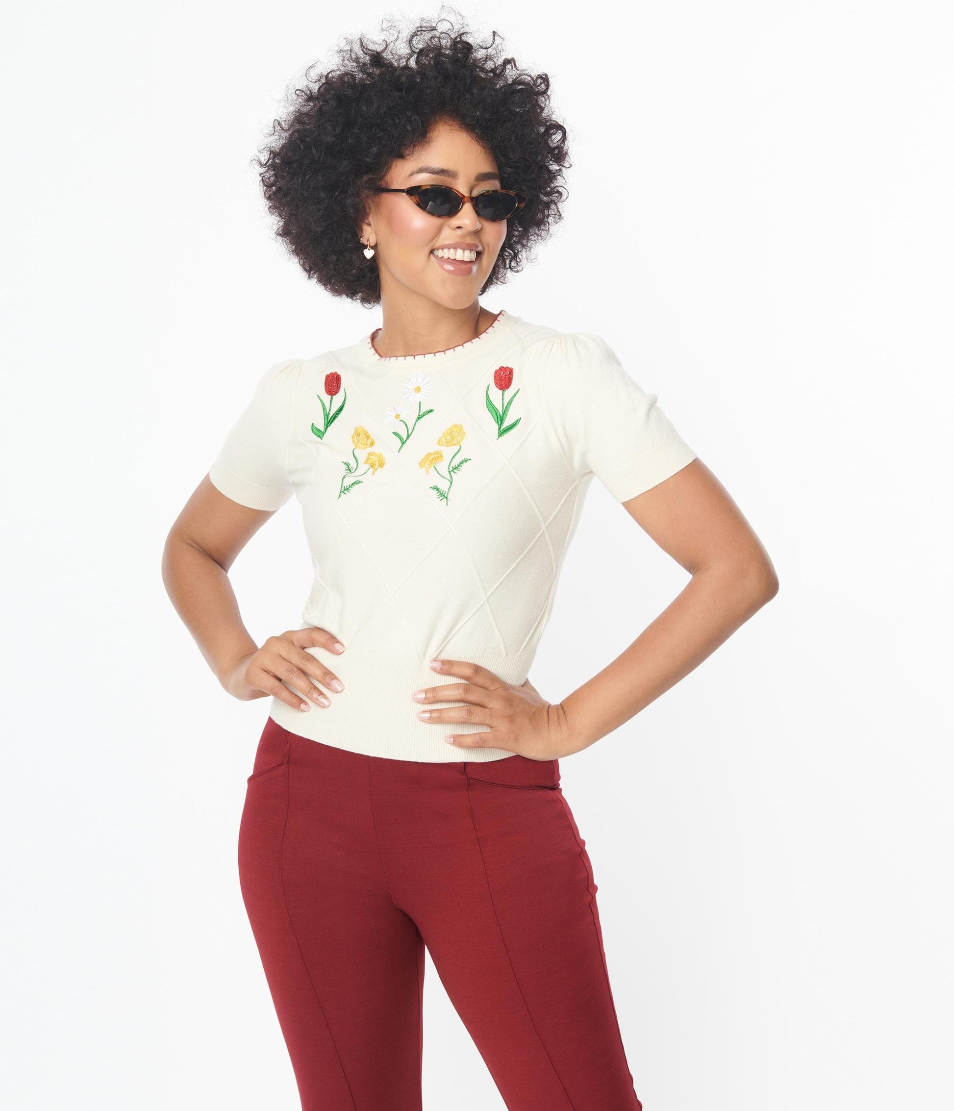 Unique Vintage Cream Floral Embroidered Sweater