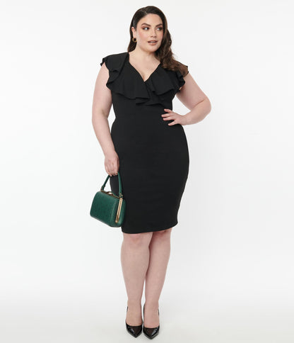 Unique Vintage Plus Size Black V-Neck Ruffle Wiggle Dress