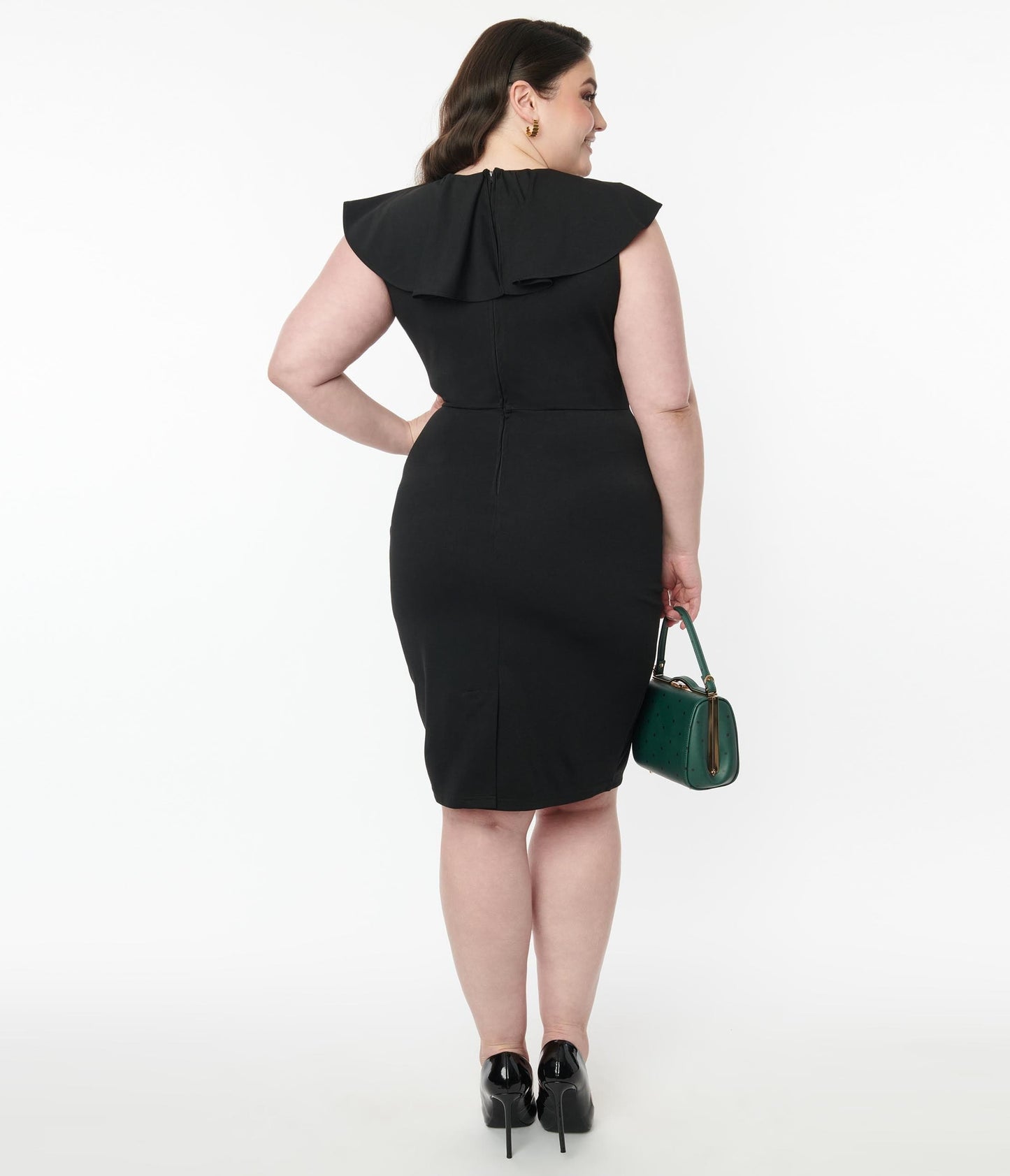 Unique Vintage Plus Size Black V-Neck Ruffle Wiggle Dress