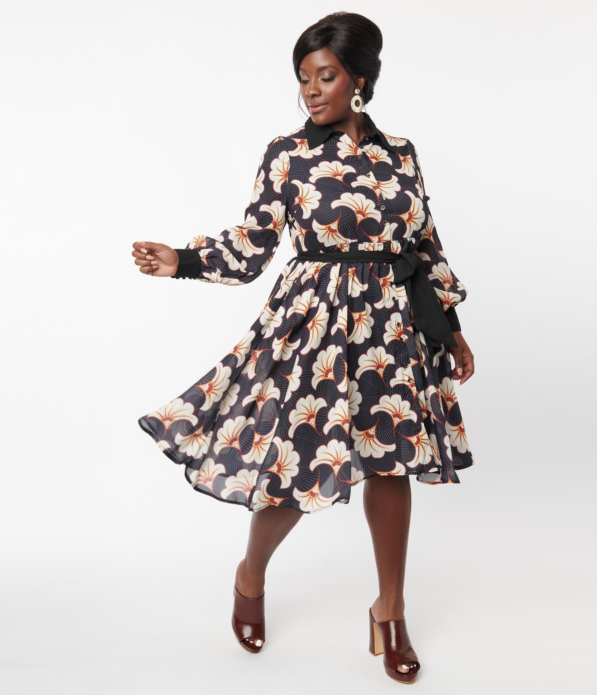 Unique Vintage Plus Size Black & Ivory Deco Floral Shirtdress