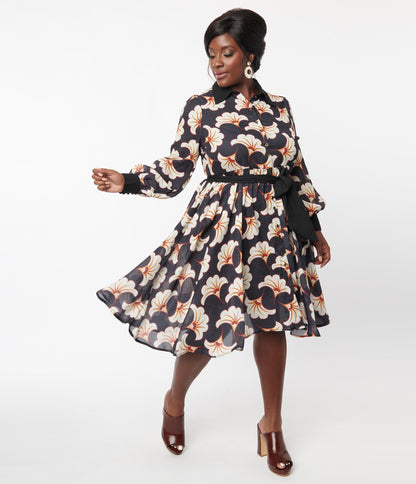 Unique Vintage Plus Size Black & Ivory Deco Floral Shirtdress