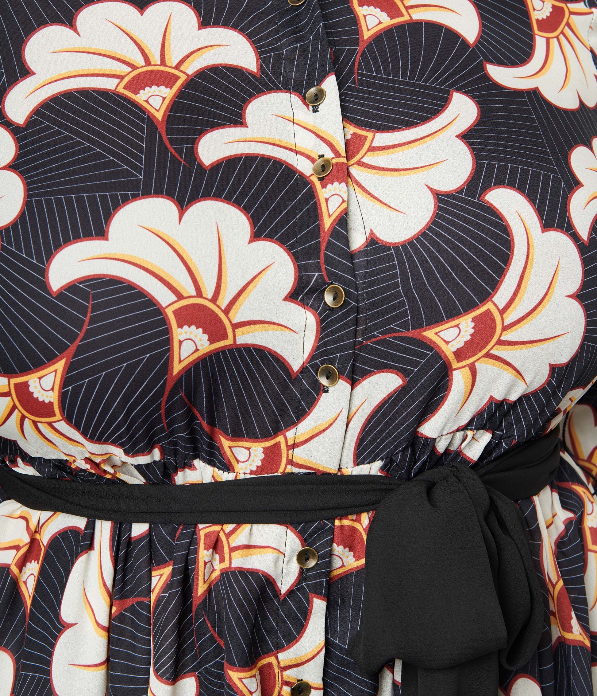 Unique Vintage Plus Size Black & Ivory Deco Floral Shirtdress