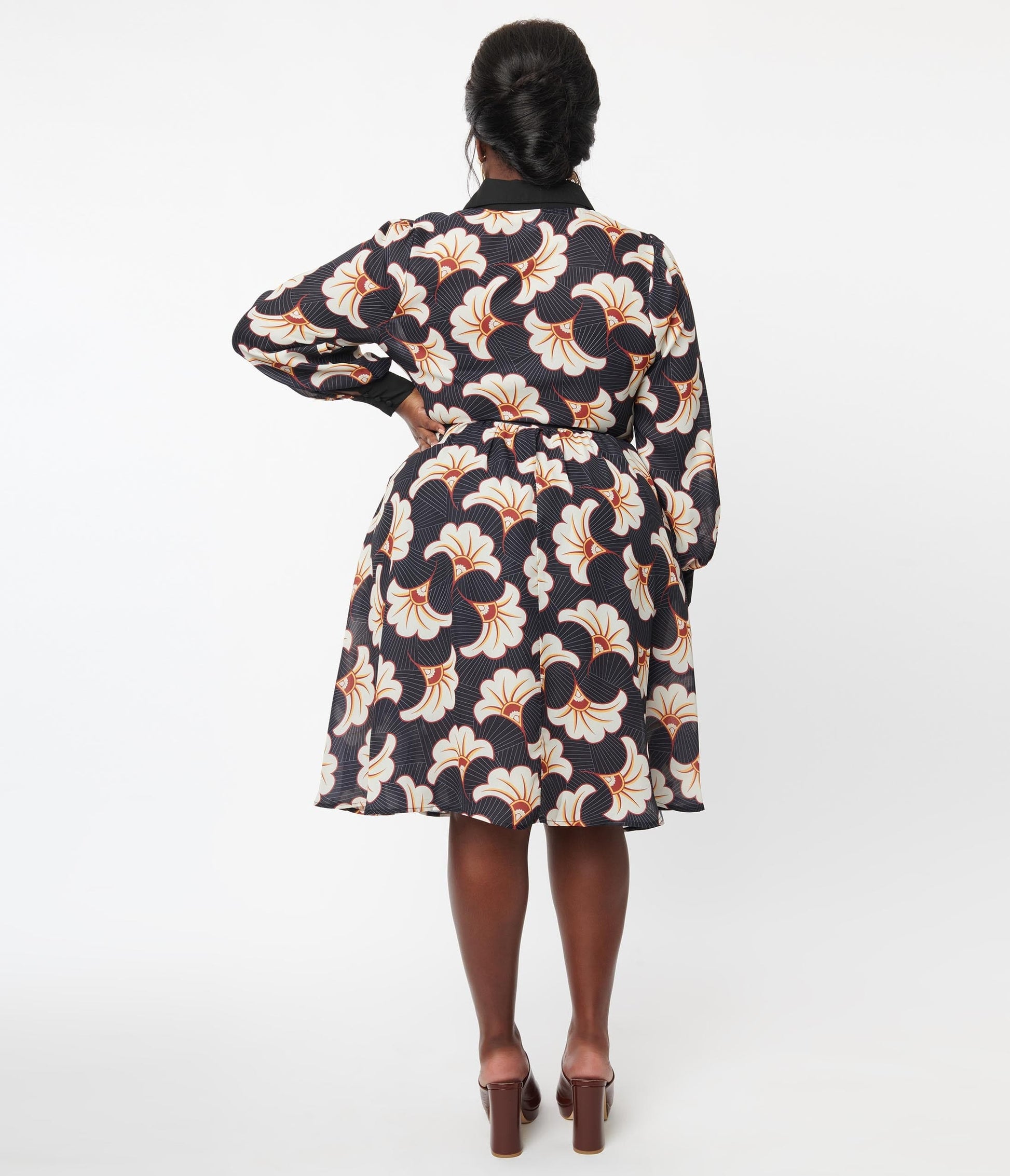 Unique Vintage Plus Size Black & Ivory Deco Floral Shirtdress