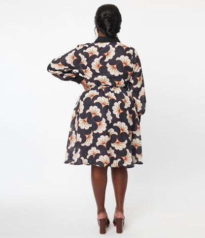Unique Vintage Plus Size Black & Ivory Deco Floral Shirtdress