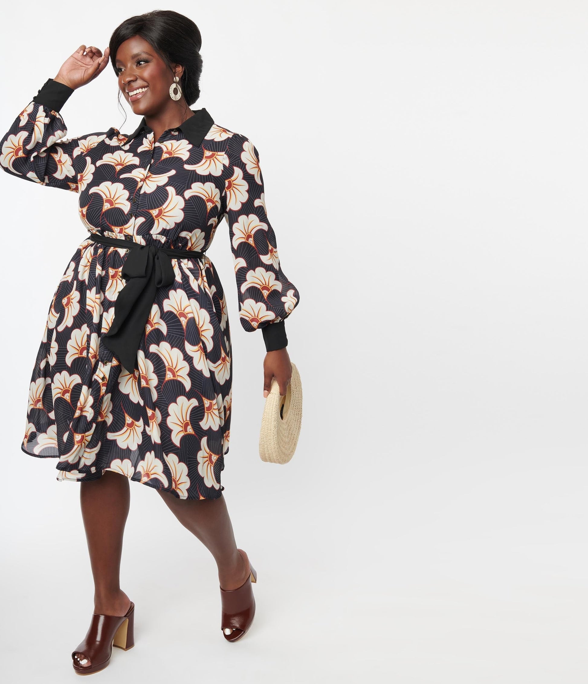Unique Vintage Plus Size Black & Ivory Deco Floral Shirtdress