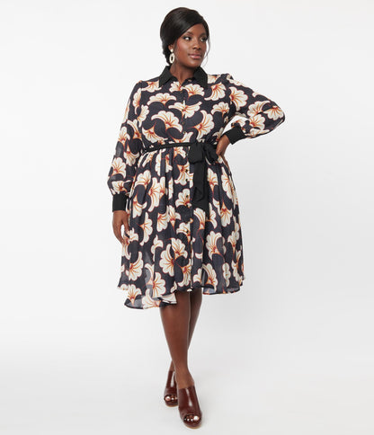 Unique Vintage Plus Size Black & Ivory Deco Floral Shirtdress