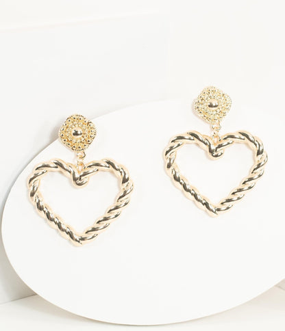 18K Gold Plated Twist Heart Drop Earrings - Unique Vintage - Womens, ACCESSORIES, JEWELRY