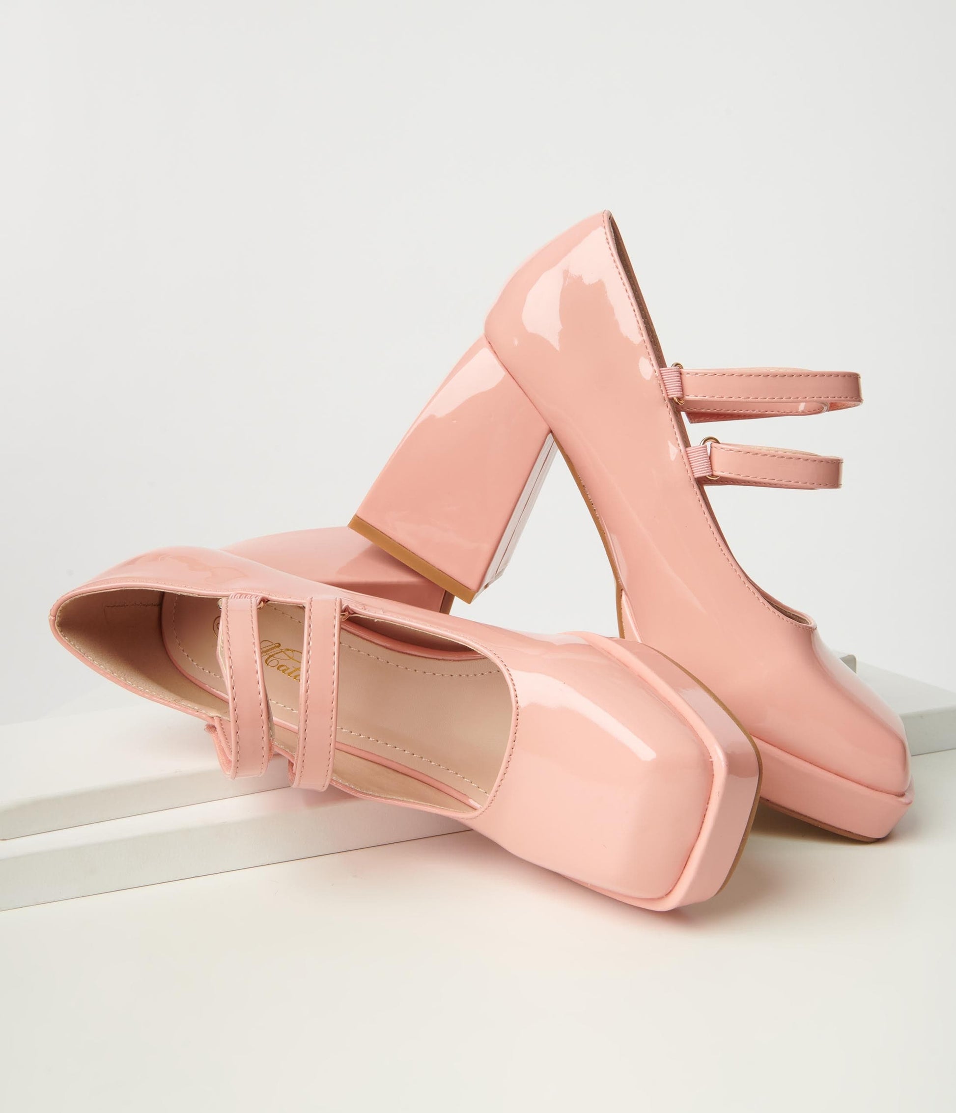 Pink Patent Double Strap Mary Jane Block Heels