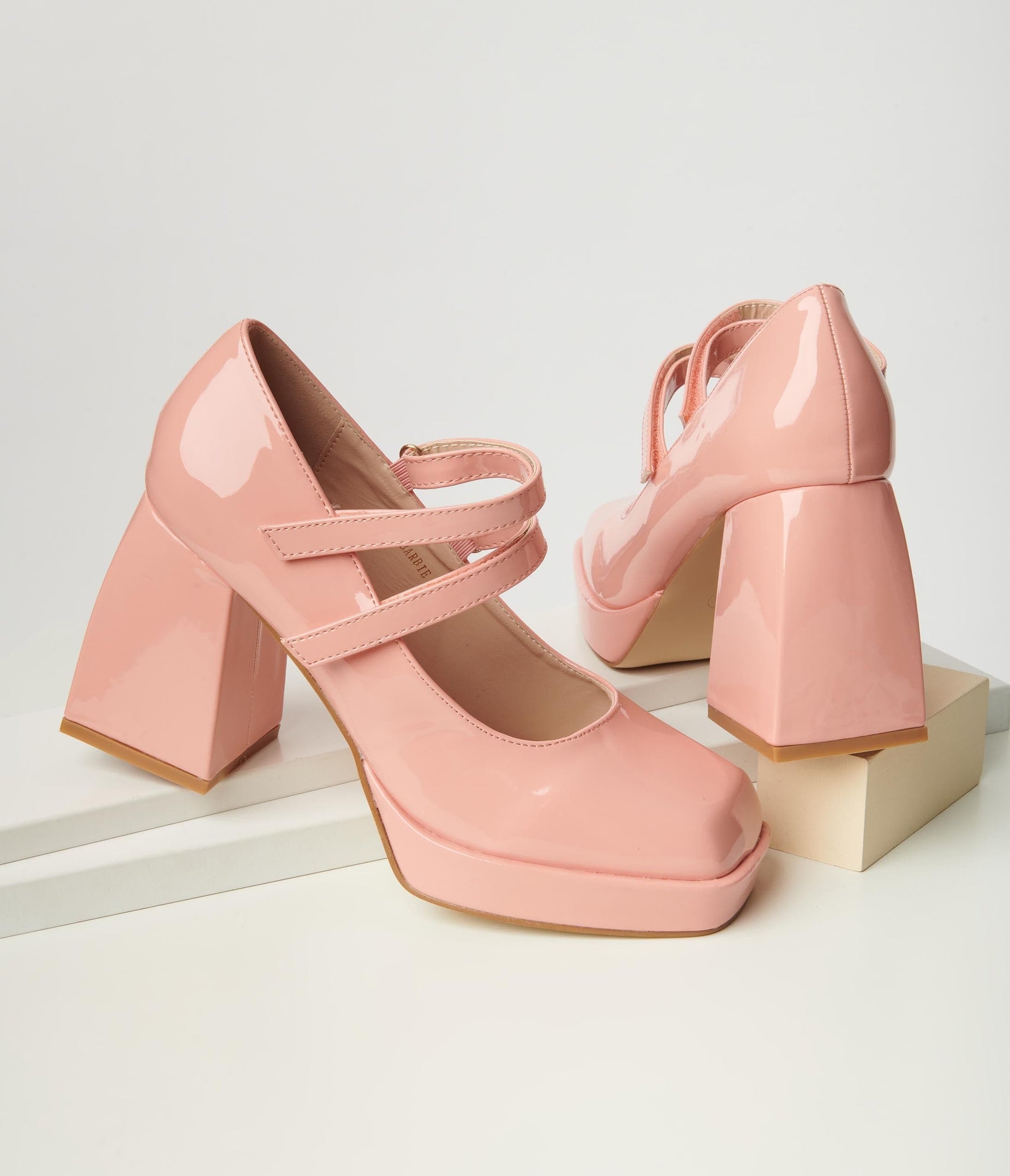 Pink Patent Double Strap Mary Jane Block Heels