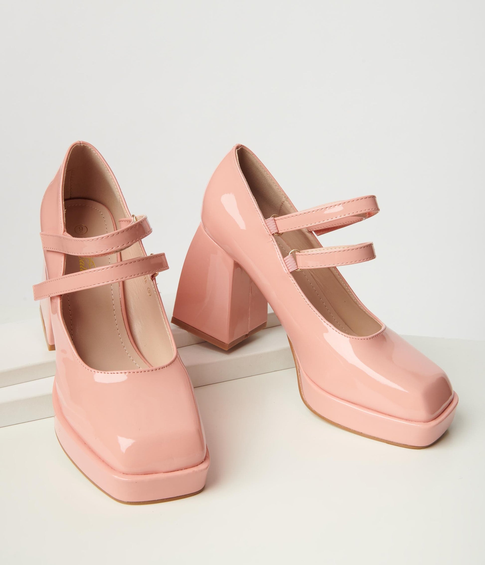 Pink Patent Double Strap Mary Jane Block Heels
