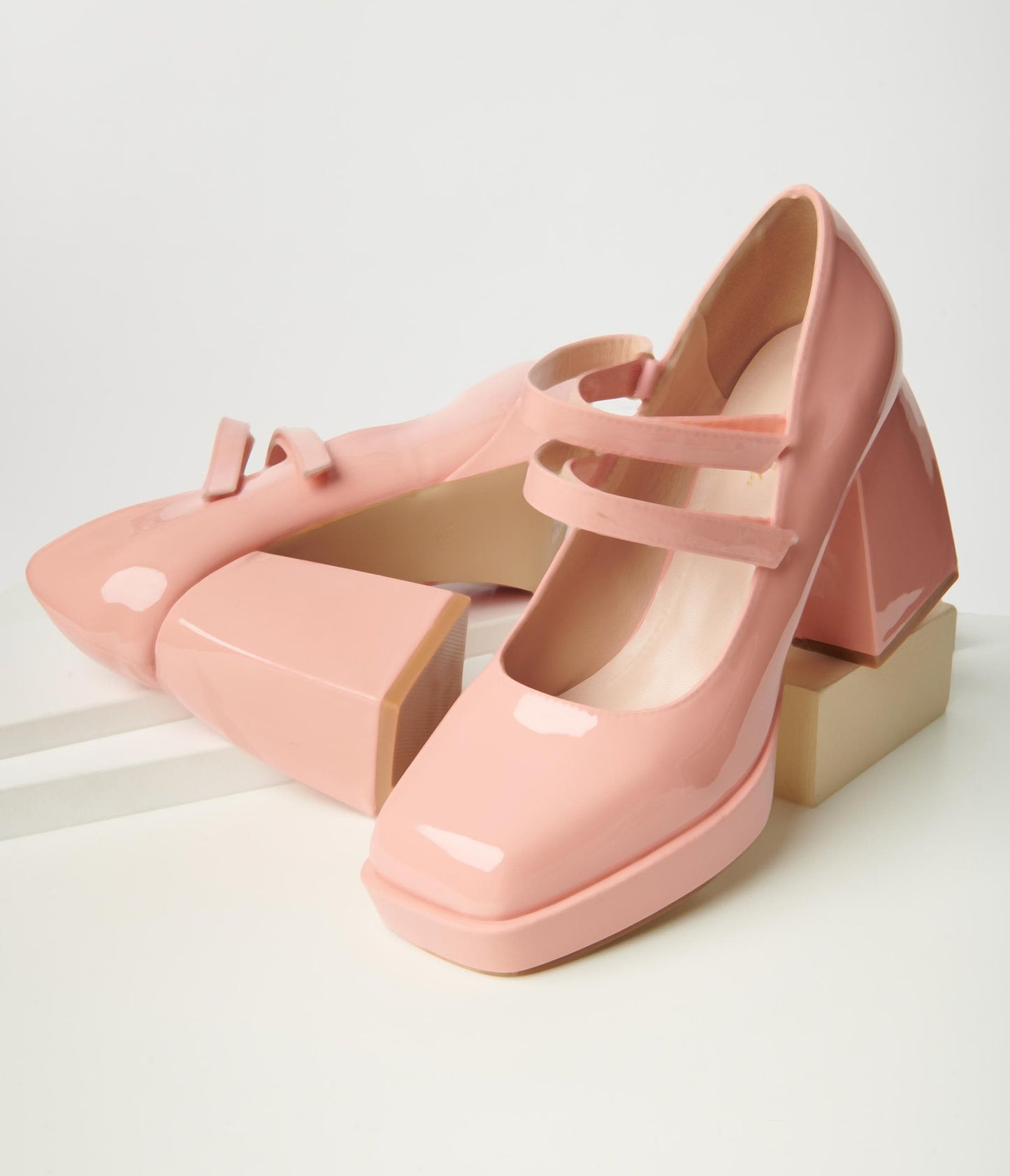 Pink Patent Double Strap Mary Jane Block Heels