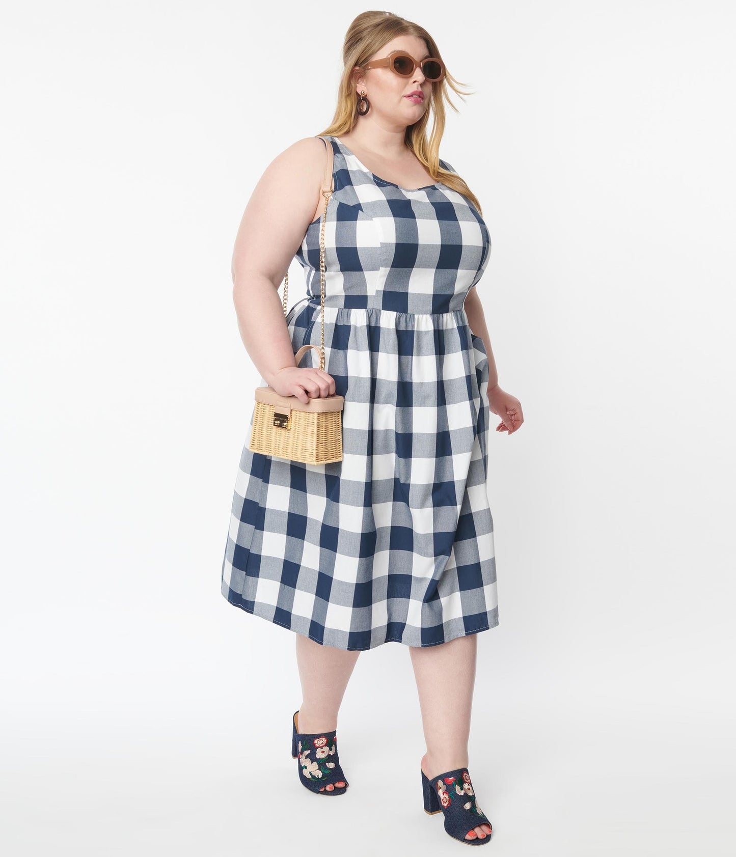 Retrolicious Plus Size 1950s Navy & White Gingham Fit & Flare Dress