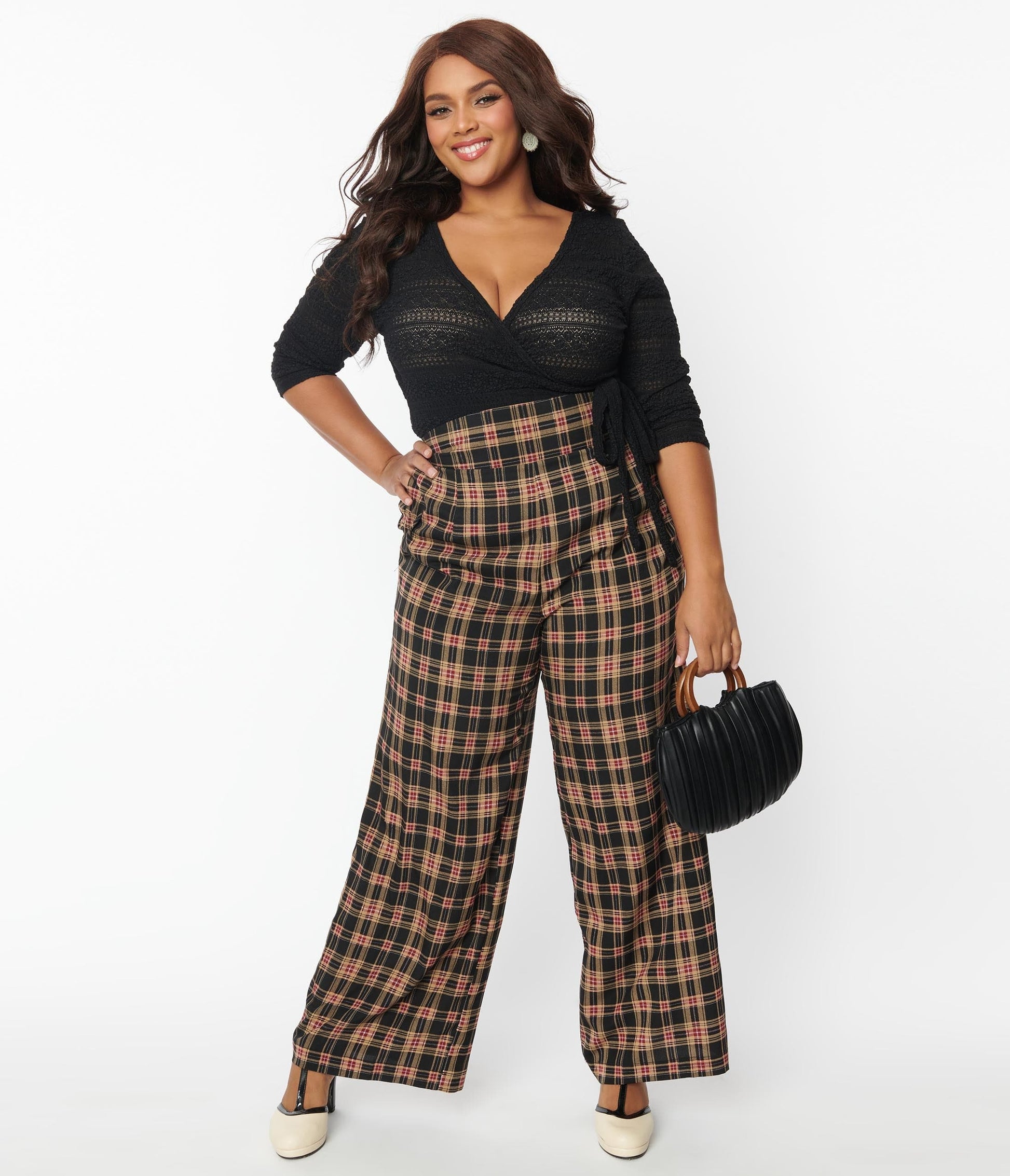 Unique Vintage Plus Size Black & Beige Plaid High Waist Pants