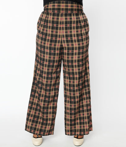 Unique Vintage Plus Size Black & Beige Plaid High Waist Pants
