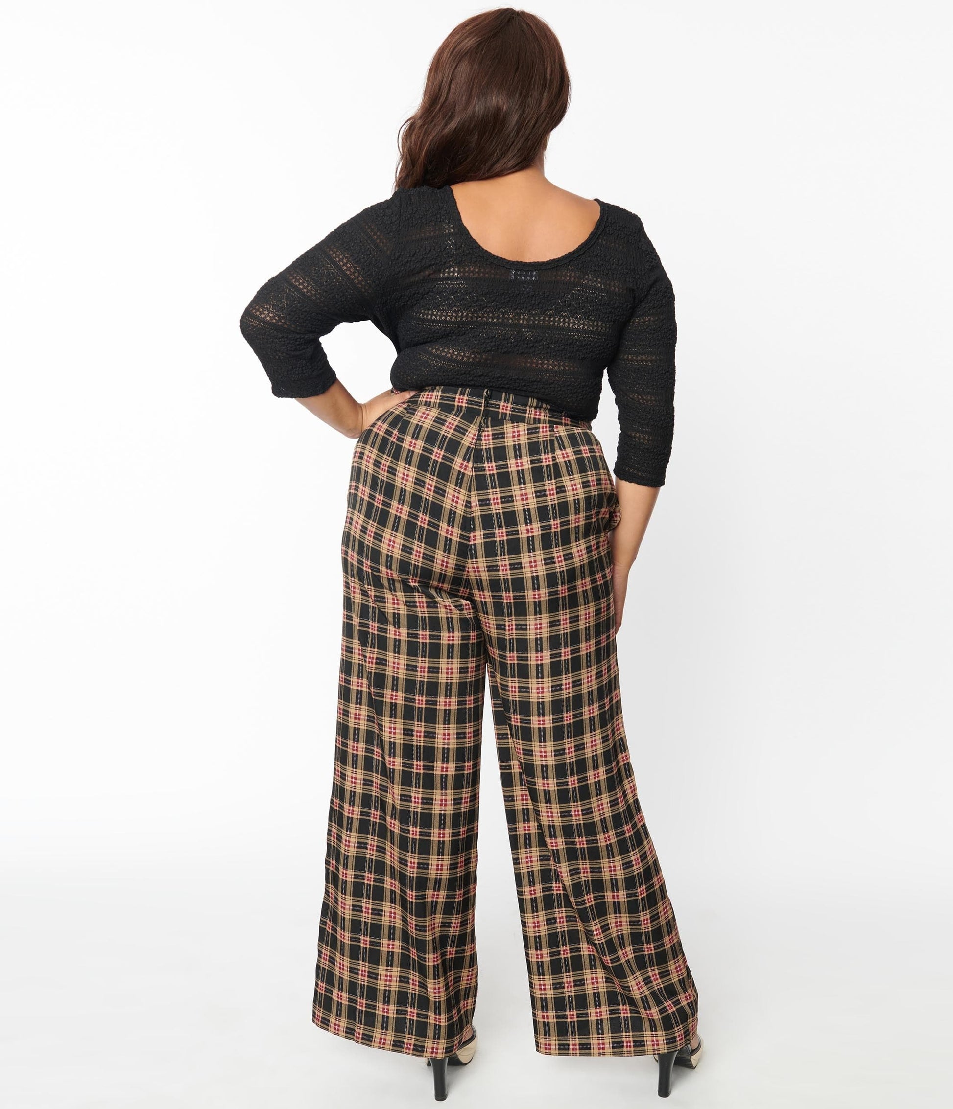 Unique Vintage Plus Size Black & Beige Plaid High Waist Pants