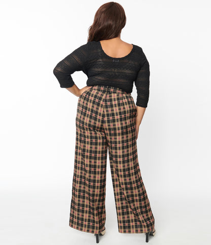 Unique Vintage Plus Size Black & Beige Plaid High Waist Pants