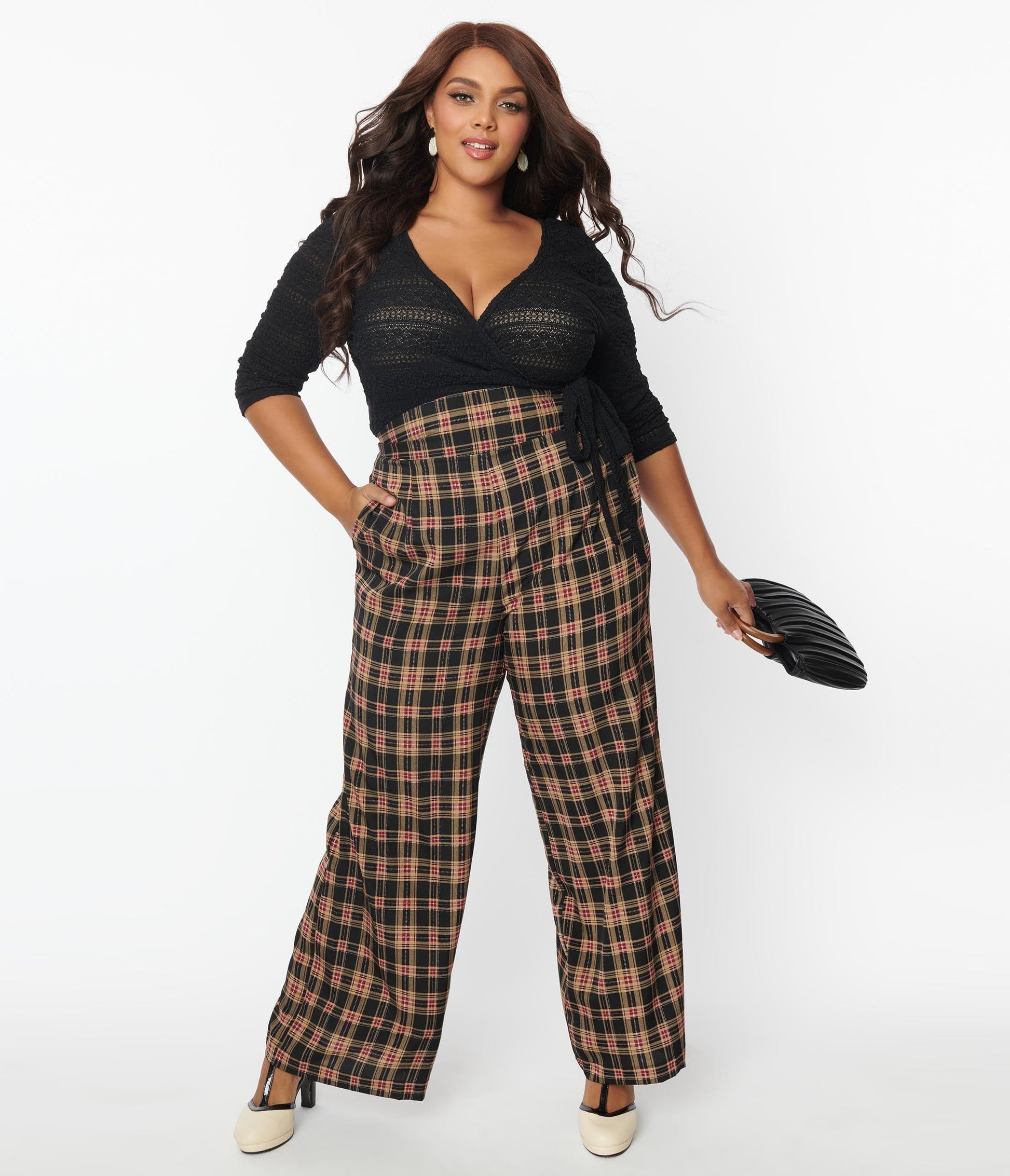 Unique Vintage Plus Size Black & Beige Plaid High Waist Pants