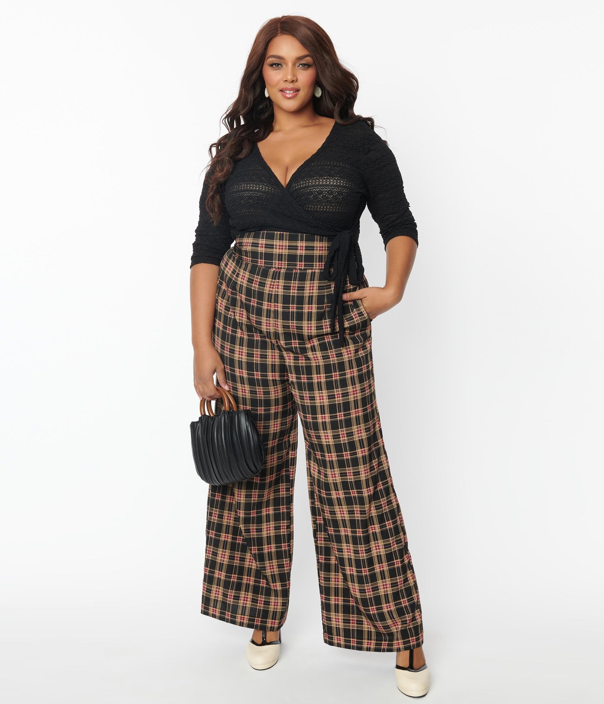 Unique Vintage Plus Size Black & Beige Plaid High Waist Pants