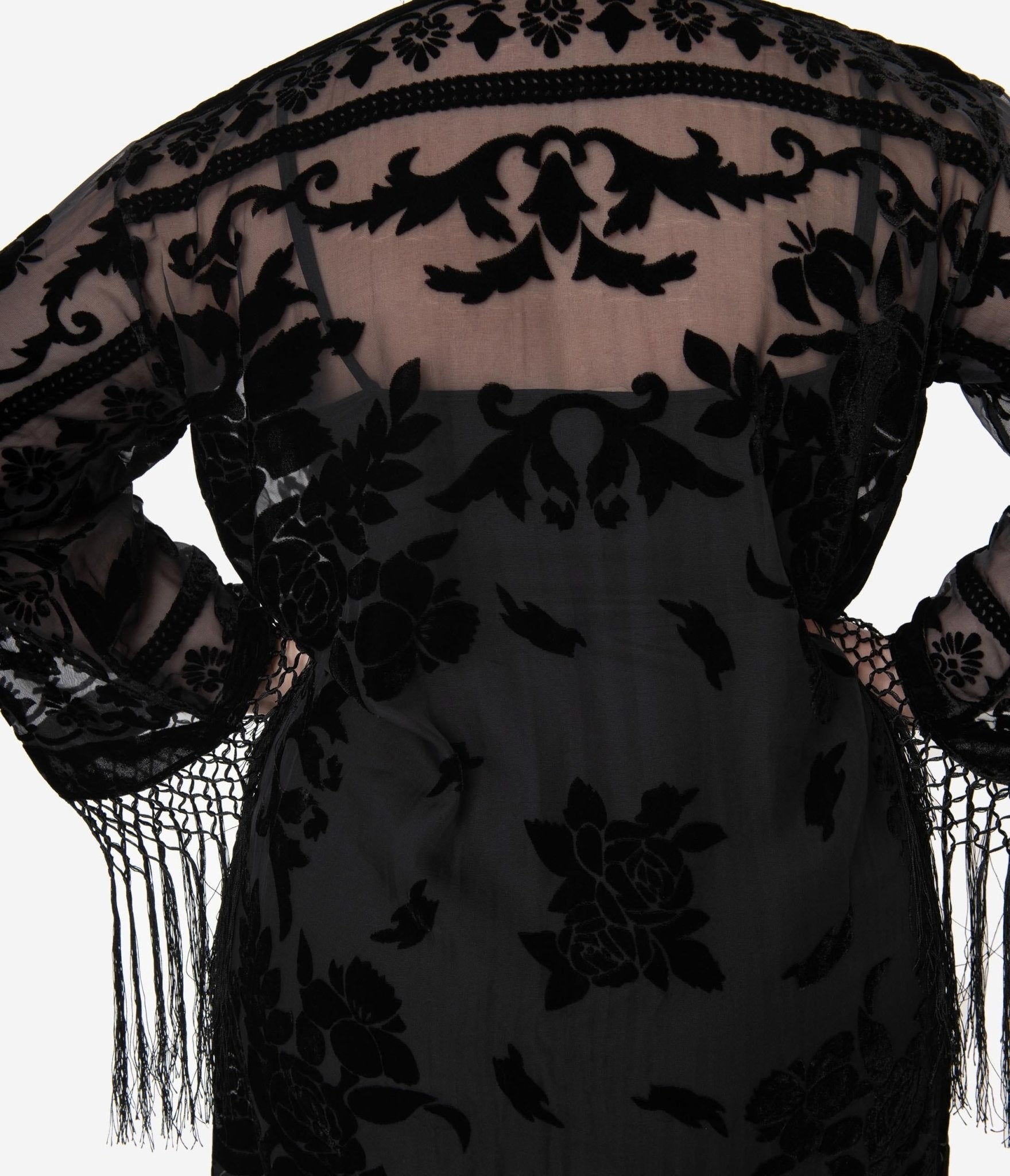 1920s Black Devore Velvet Lattice Scarf Coat - Unique Vintage - Womens, FLAPPER, COATS