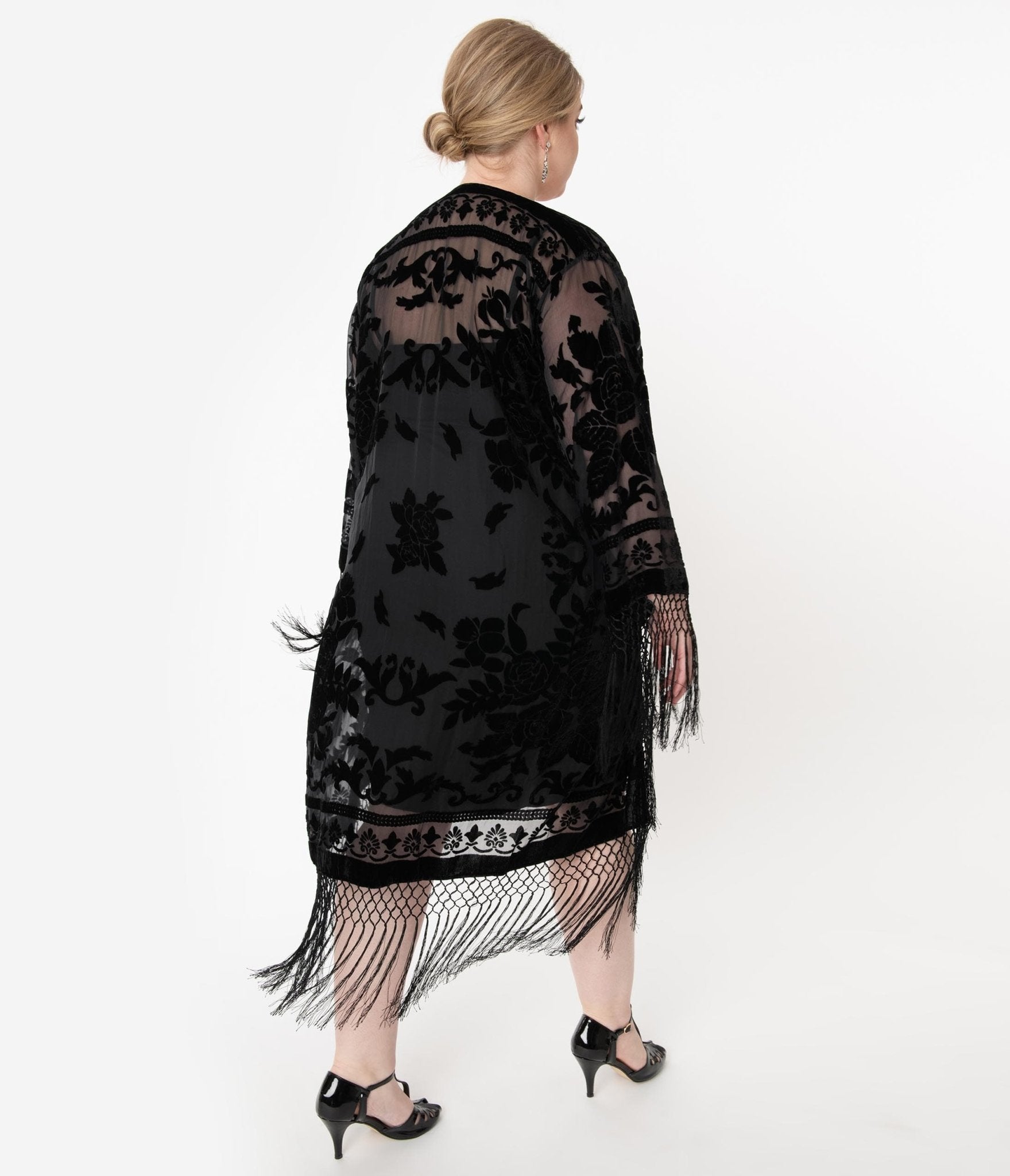 1920s Black Devore Velvet Lattice Scarf Coat - Unique Vintage - Womens, FLAPPER, COATS