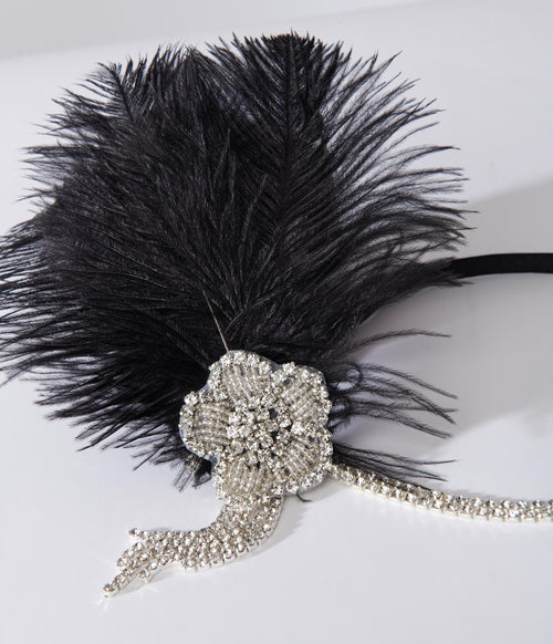 1920s Black Feather & Rhinestone Flower Flapper Headband - Unique Vintage - Headbands