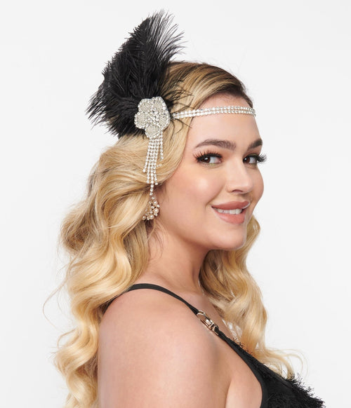 1920s Black Feather & Rhinestone Flower Flapper Headband - Unique Vintage - Headbands