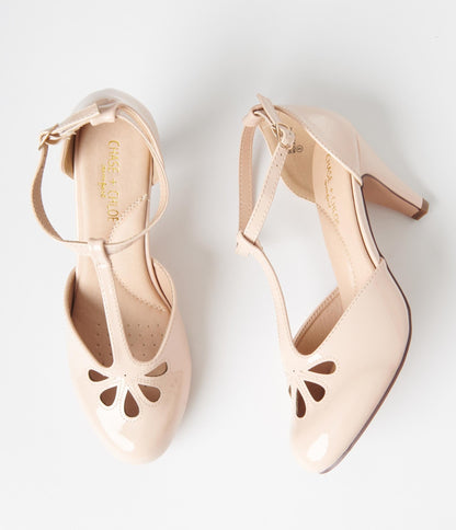 1920s Nude Patent Leatherette Cutout Kimmy T - Strap Heels - Unique Vintage - Womens, SHOES, HEELS