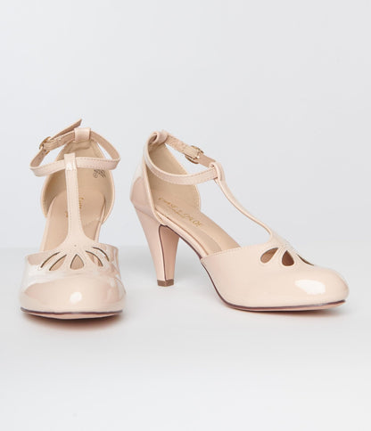 1920s Nude Patent Leatherette Cutout Kimmy T - Strap Heels - Unique Vintage - Womens, SHOES, HEELS
