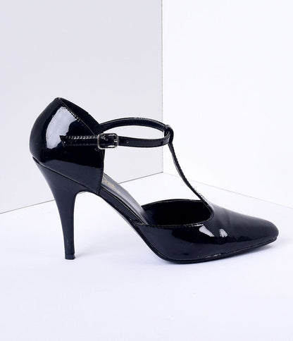 1920s Style Black T - Strap Heels - Unique Vintage - T - Straps