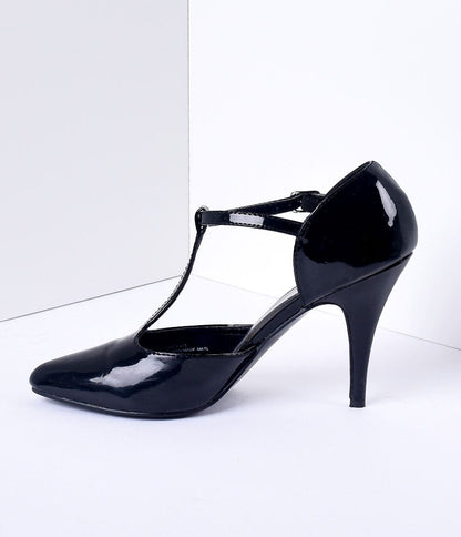 1920s Style Black T - Strap Heels - Unique Vintage - T - Straps