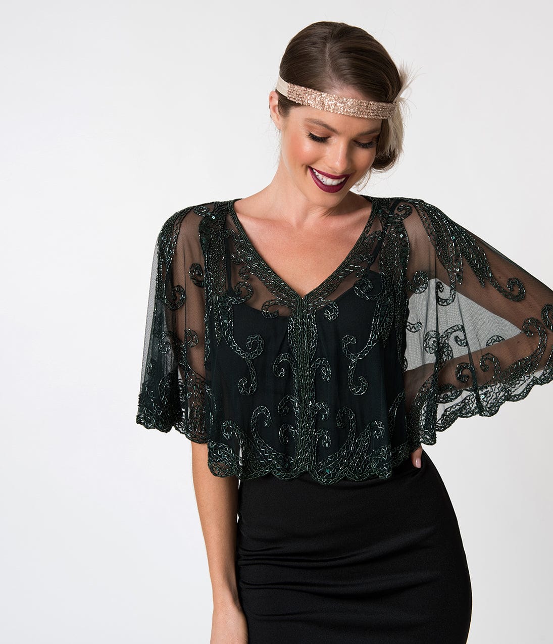 1920s Style Dark Green & Olive Beaded Sheer Mesh Capelet - Unique Vintage - Womens, ACCESSORIES, FLAPPER