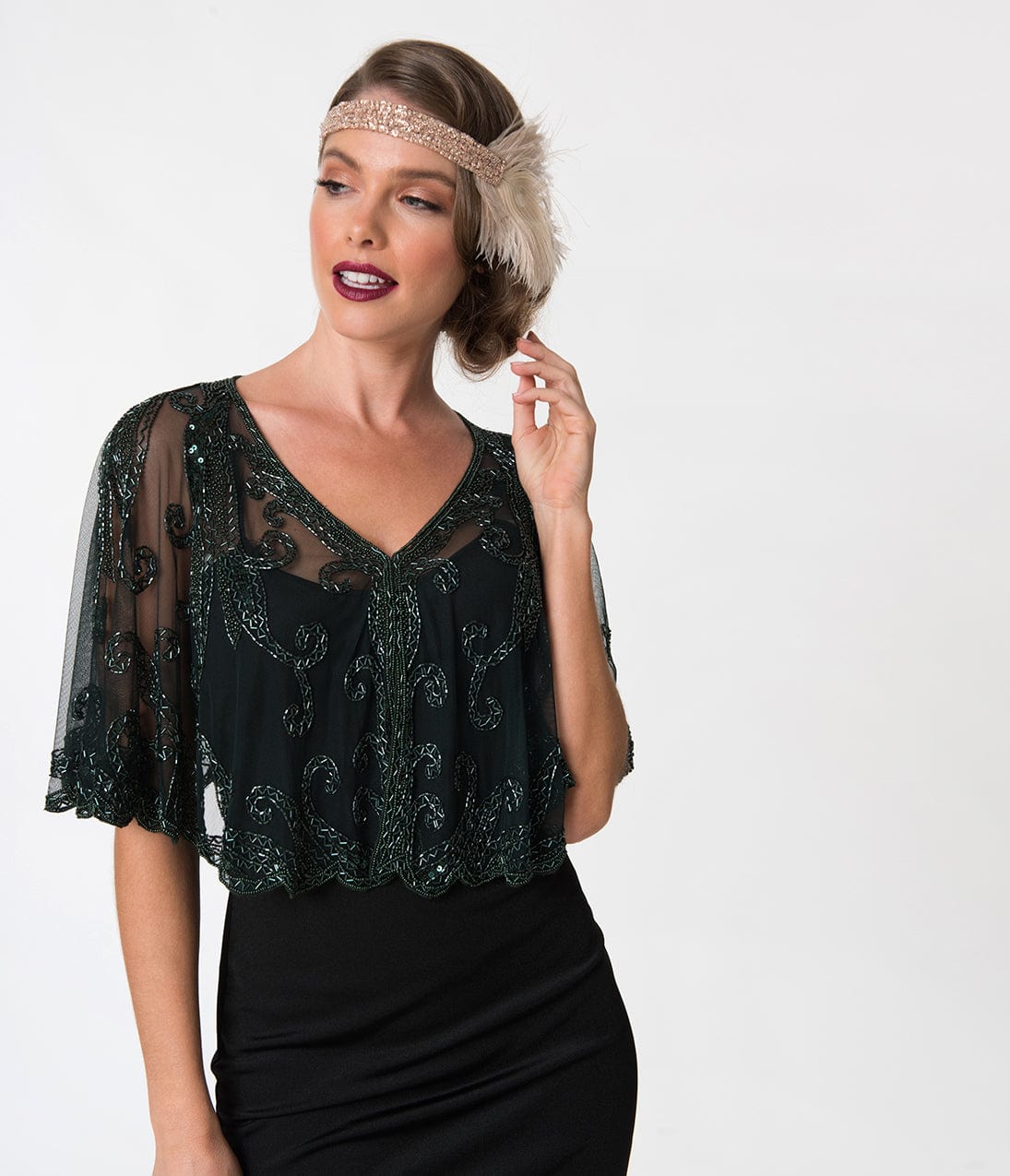 1920s Style Dark Green & Olive Beaded Sheer Mesh Capelet - Unique Vintage - Womens, ACCESSORIES, FLAPPER