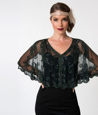 1920s Style Dark Green & Olive Beaded Sheer Mesh Capelet - Unique Vintage - Womens, ACCESSORIES, FLAPPER