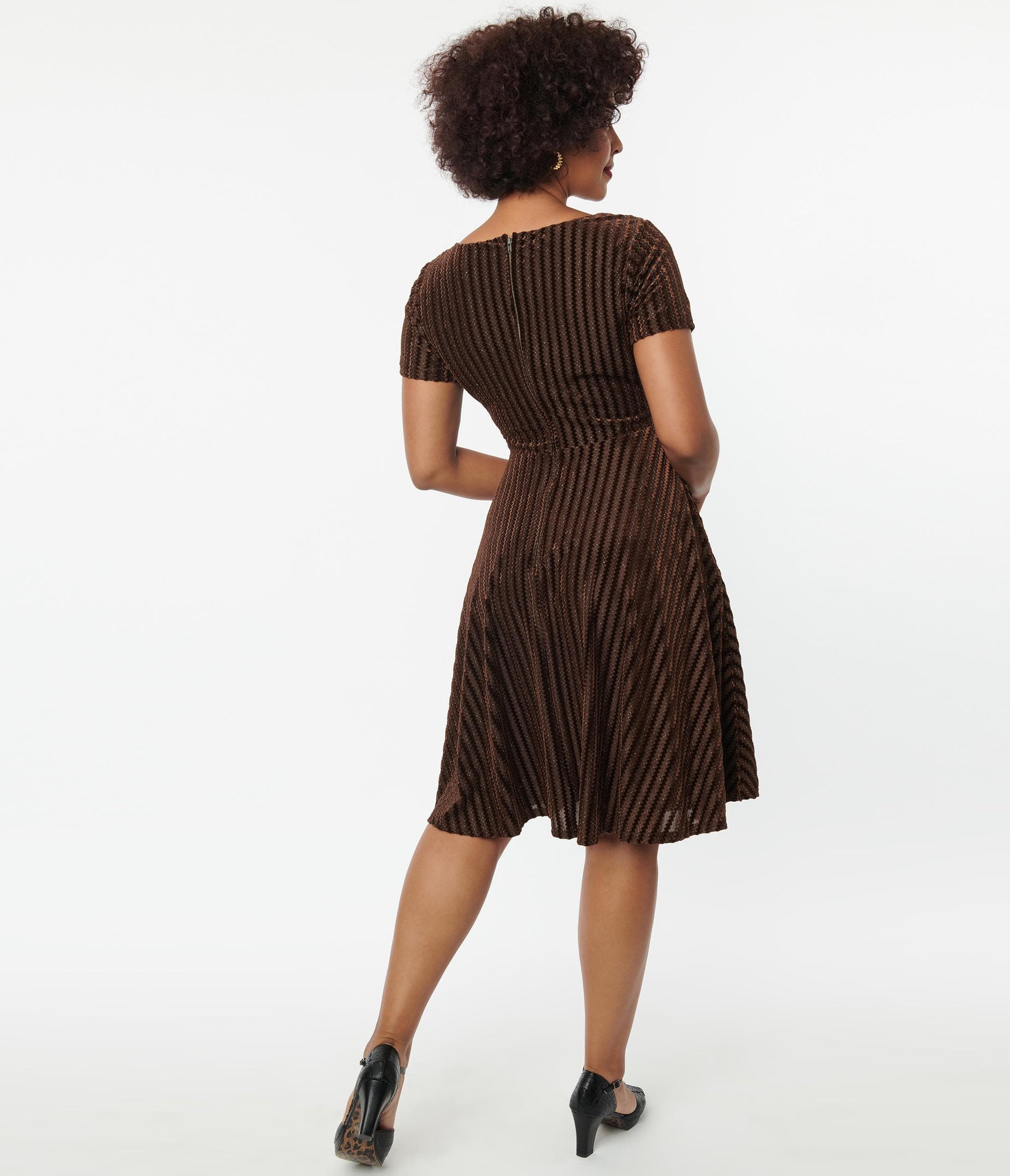 Unique Vintage Brown Zig Zag Velvet Swing Dress
