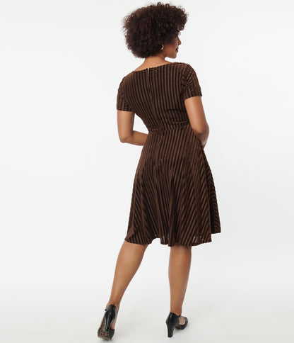 Unique Vintage Brown Zig Zag Velvet Swing Dress