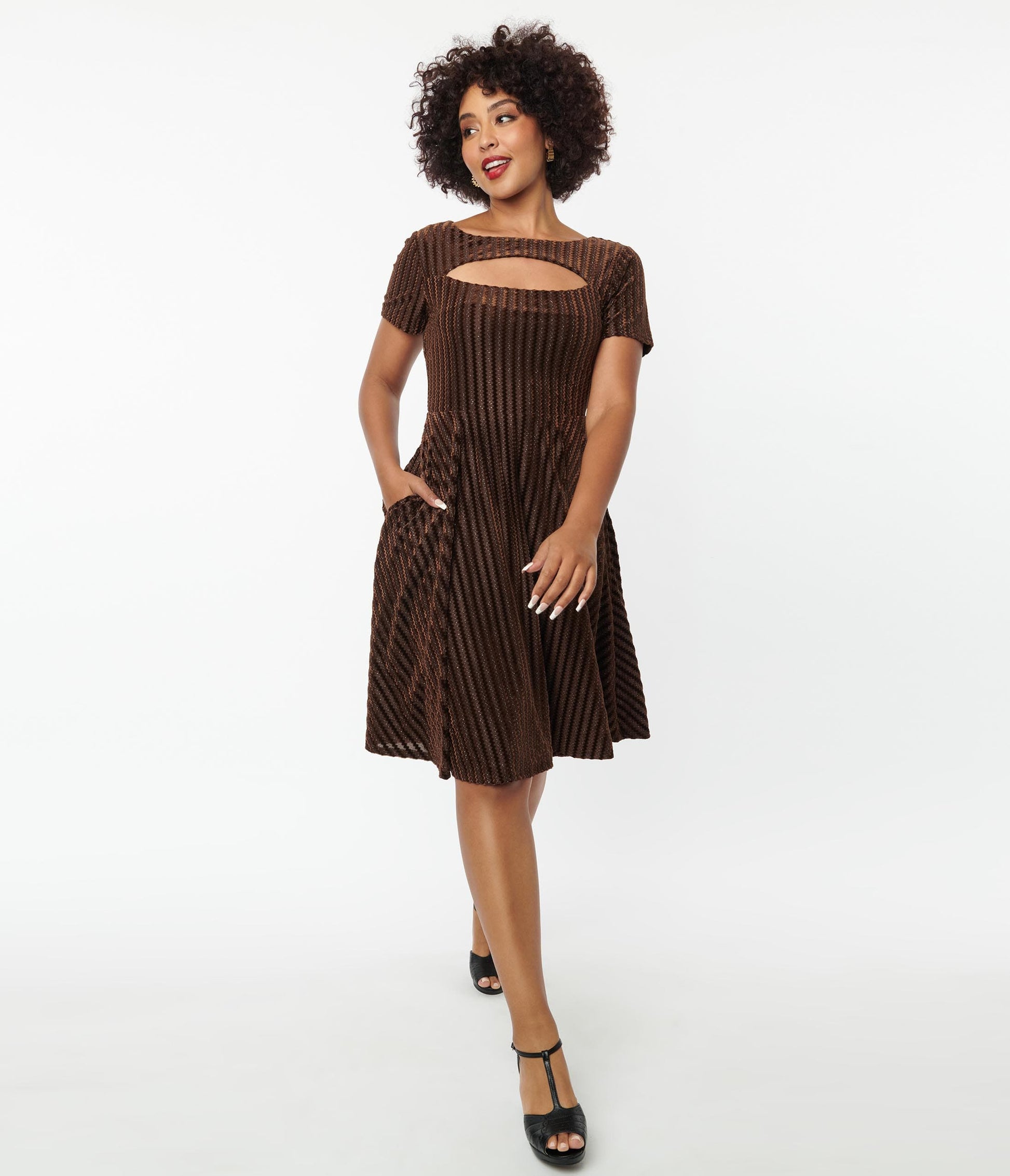 Unique Vintage Brown Zig Zag Velvet Swing Dress