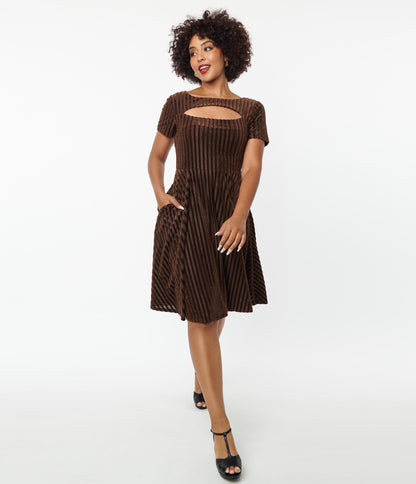 Unique Vintage Brown Zig Zag Velvet Swing Dress