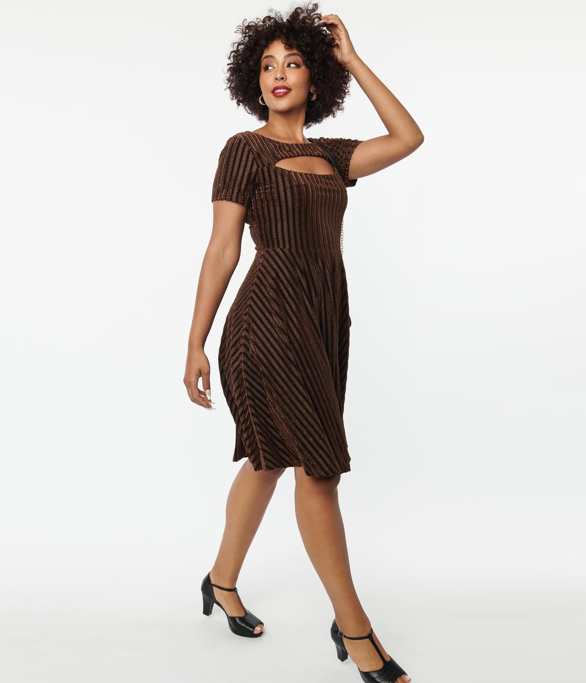 Unique Vintage Brown Zig Zag Velvet Swing Dress