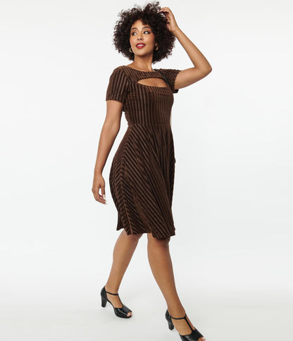 Unique Vintage Brown Zig Zag Velvet Swing Dress