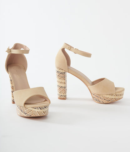 1970s Beige Suede & Rattan Platform Heels