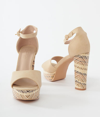 1970s Beige Suede & Rattan Platform Heels