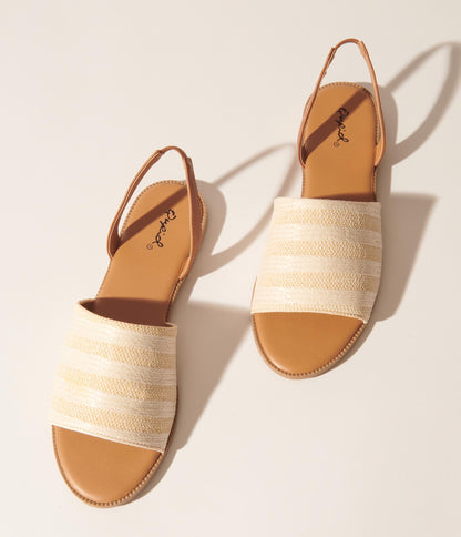 1970s Beige & Ivory Straw Stripe Slingback Sandals