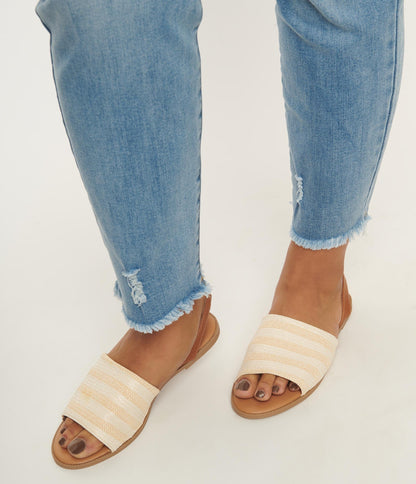 1970s Beige & Ivory Straw Stripe Slingback Sandals