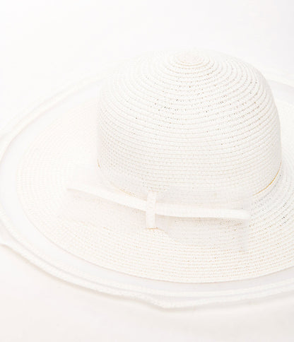 1950s White Straw & Sinamay Floppy Sun Hat