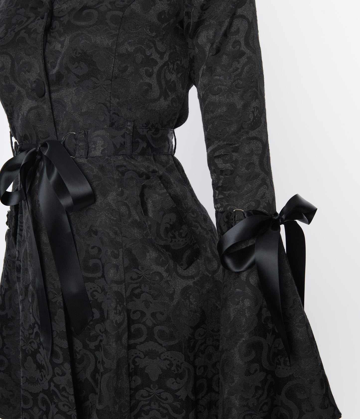 Black Brocade Ribbon Fit & Flare Coat