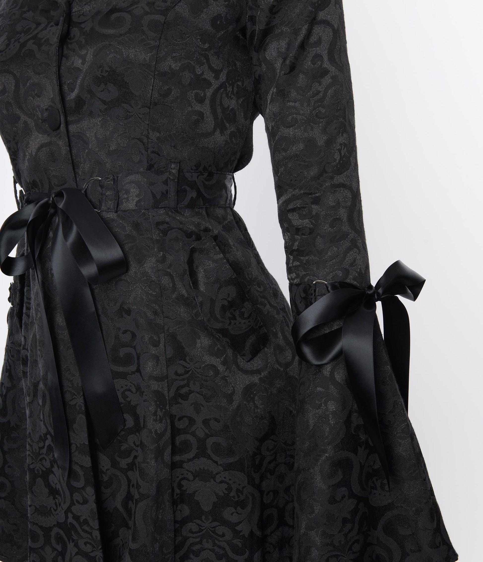 Black Brocade Ribbon Fit & Flare Coat