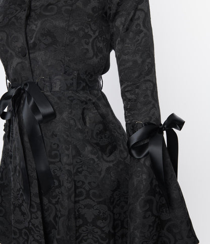 Black Brocade Ribbon Fit & Flare Coat